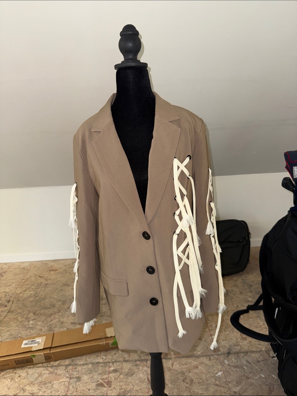 Fashion Nova Taupe Blazer with White Fringe Lace Sleeves